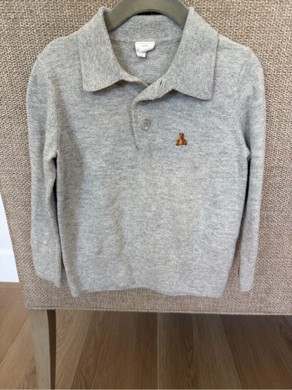 GAP Light Gray V-Neck Polo Knit Sweater with Embroidered Bear